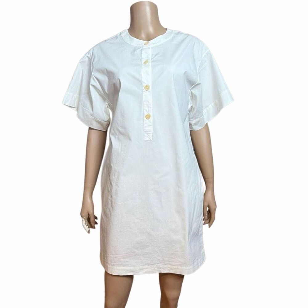 Theory Cuffed Shift Shirt Dress White Cotton Blend 4 (064)
